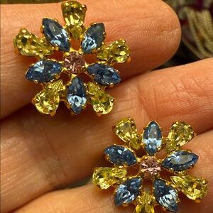 Vintage B David floral clip earrings. Marquis with round pink middle stone